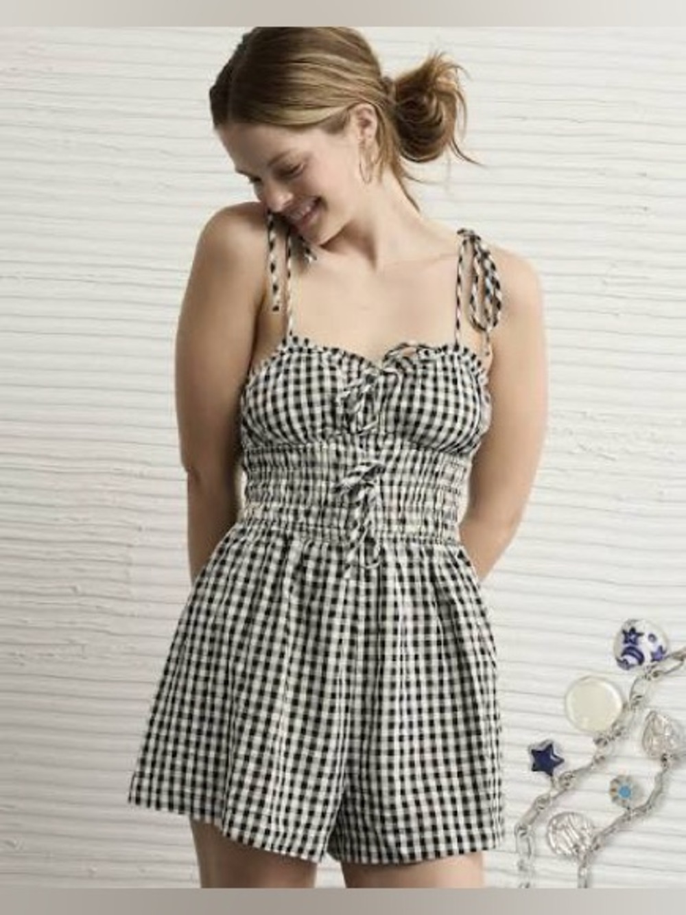 AE • Tie Strap Gingham Romper